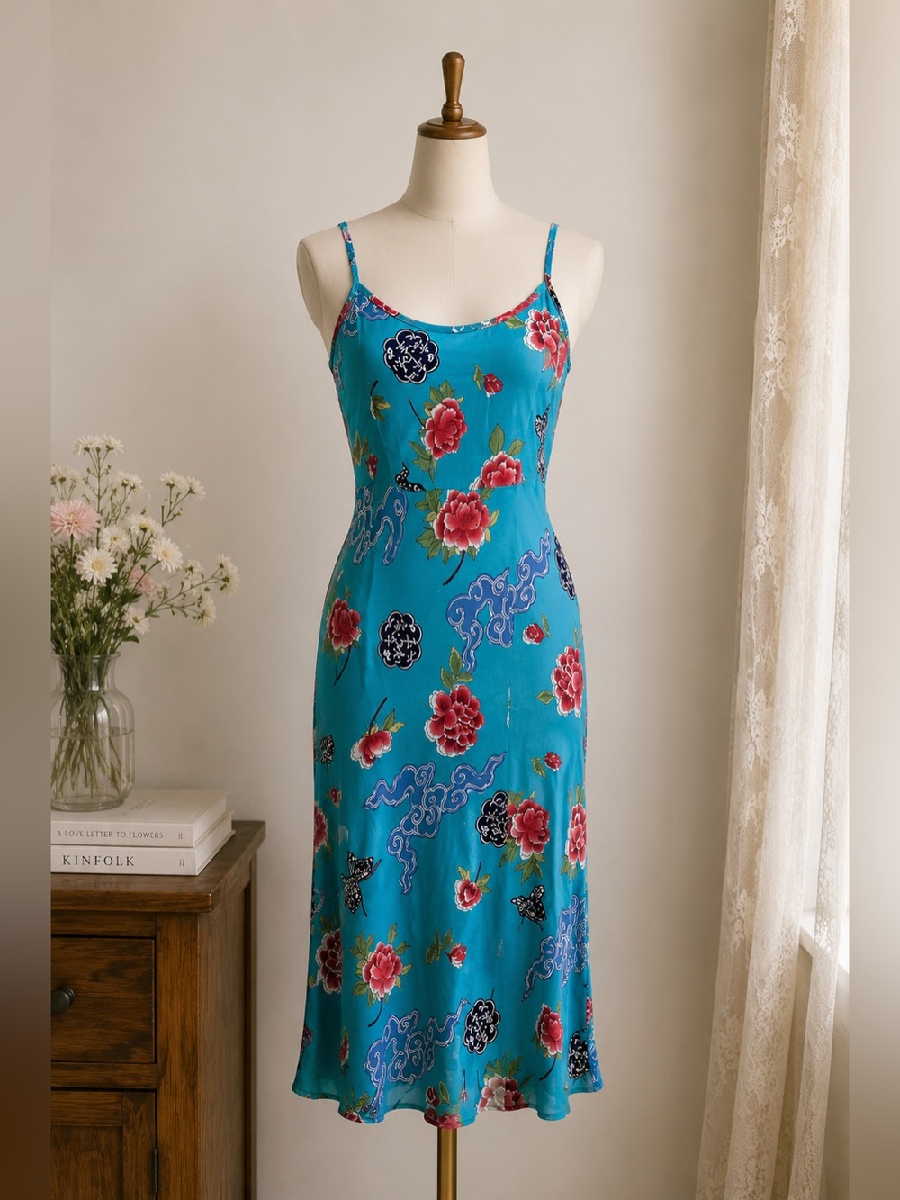 🖤 VTG Y2K Blue Floral Slip Dress Size S Cinnamon Girl Style